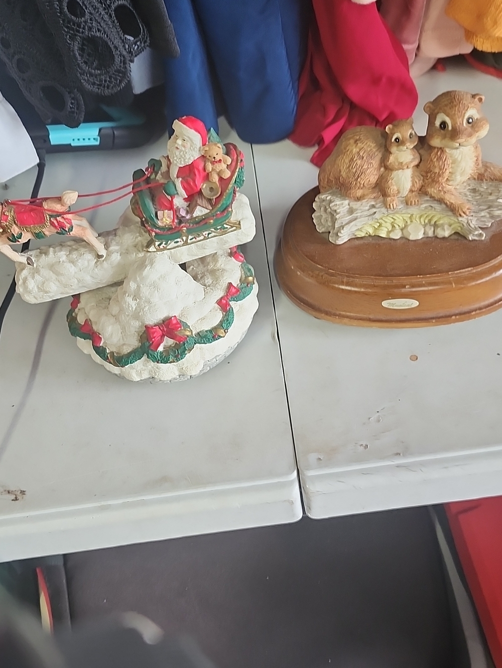 Holiday Santa Sleigh Figurine - Red & Green Christmas Decor &2 Squirrels Music